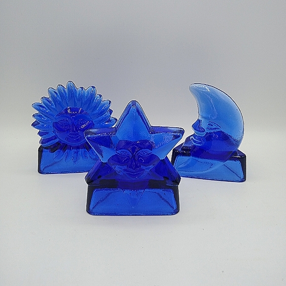 Cobalt Blue Pressed Glass Celestial Sun Moon Stars Tea Light Candle Holders Vtg